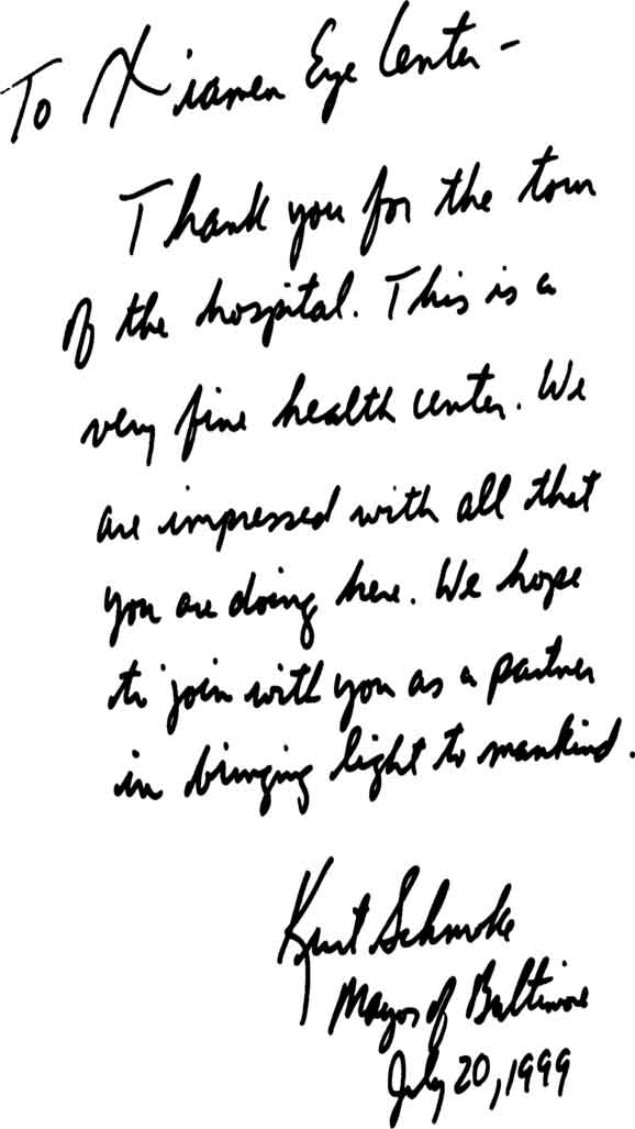 美國巴爾的摩市市長(cháng)參觀(guān)我院并留言